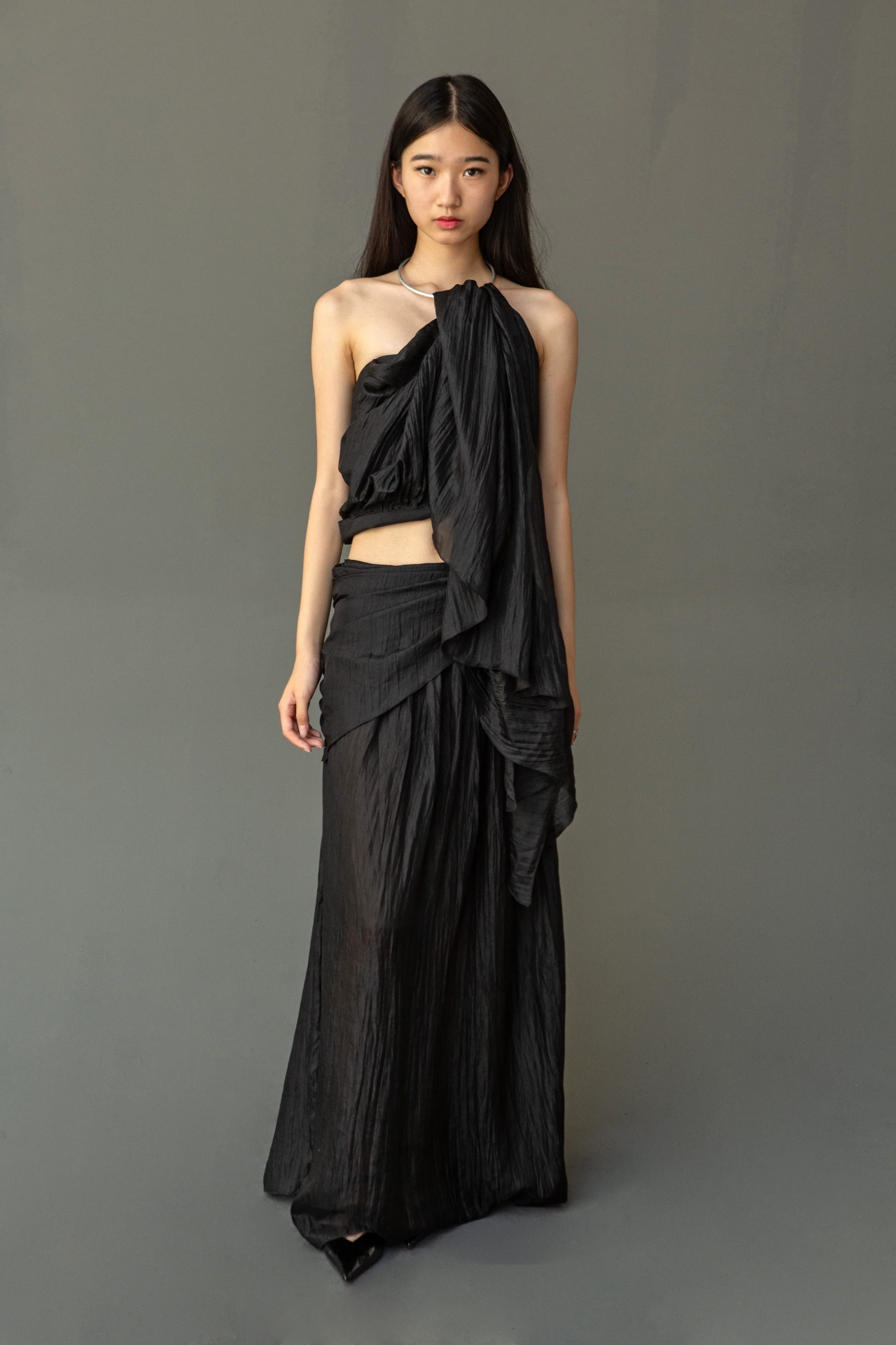 K M by L A N G E Pure Silk Wrapped Long Skirt - Black - Image 10