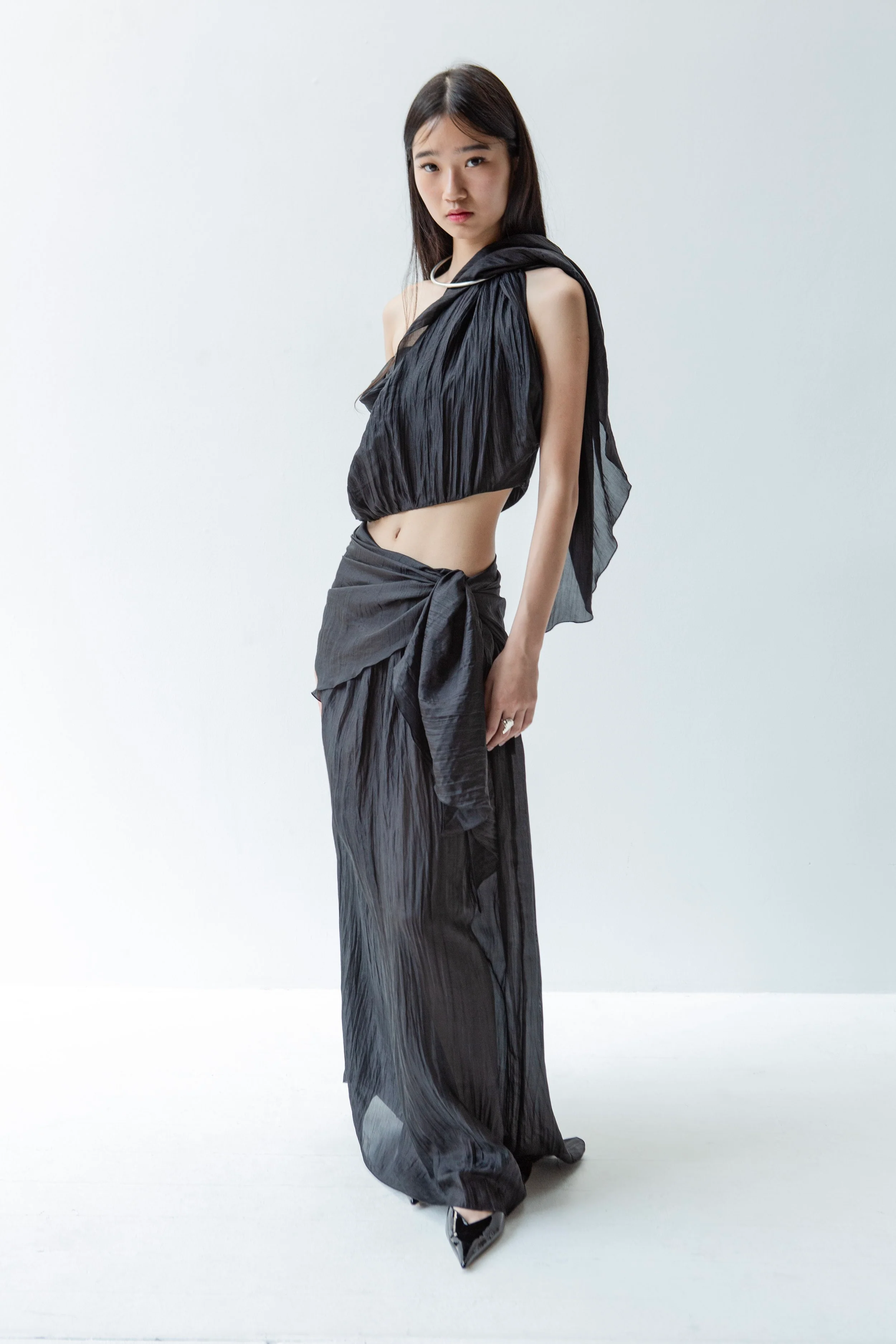 K M by L A N G E Pure Silk Wrapped Long Skirt - Black - Image 5
