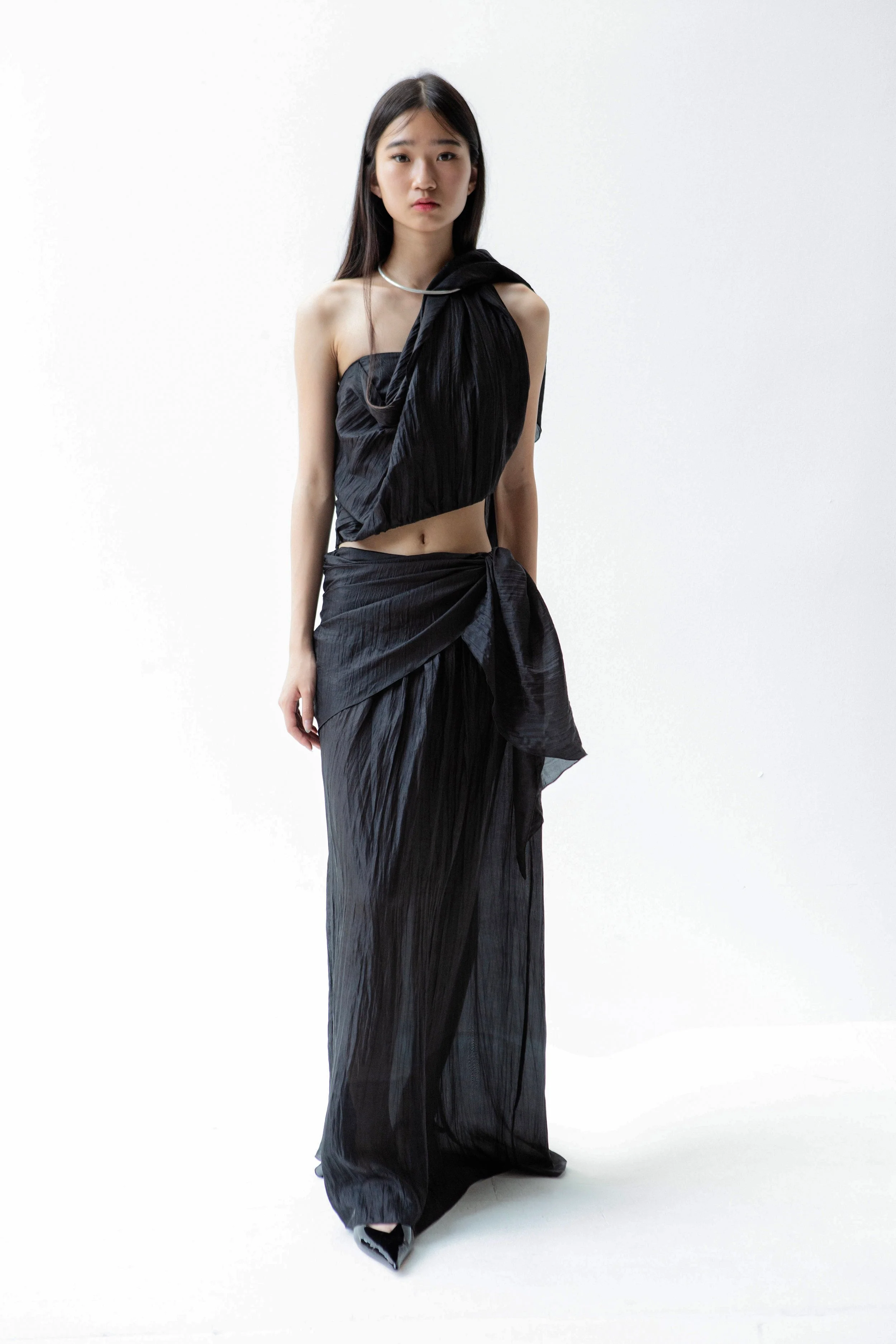 K M by L A N G E Pure Silk Wrapped Long Skirt - Black - Image 6