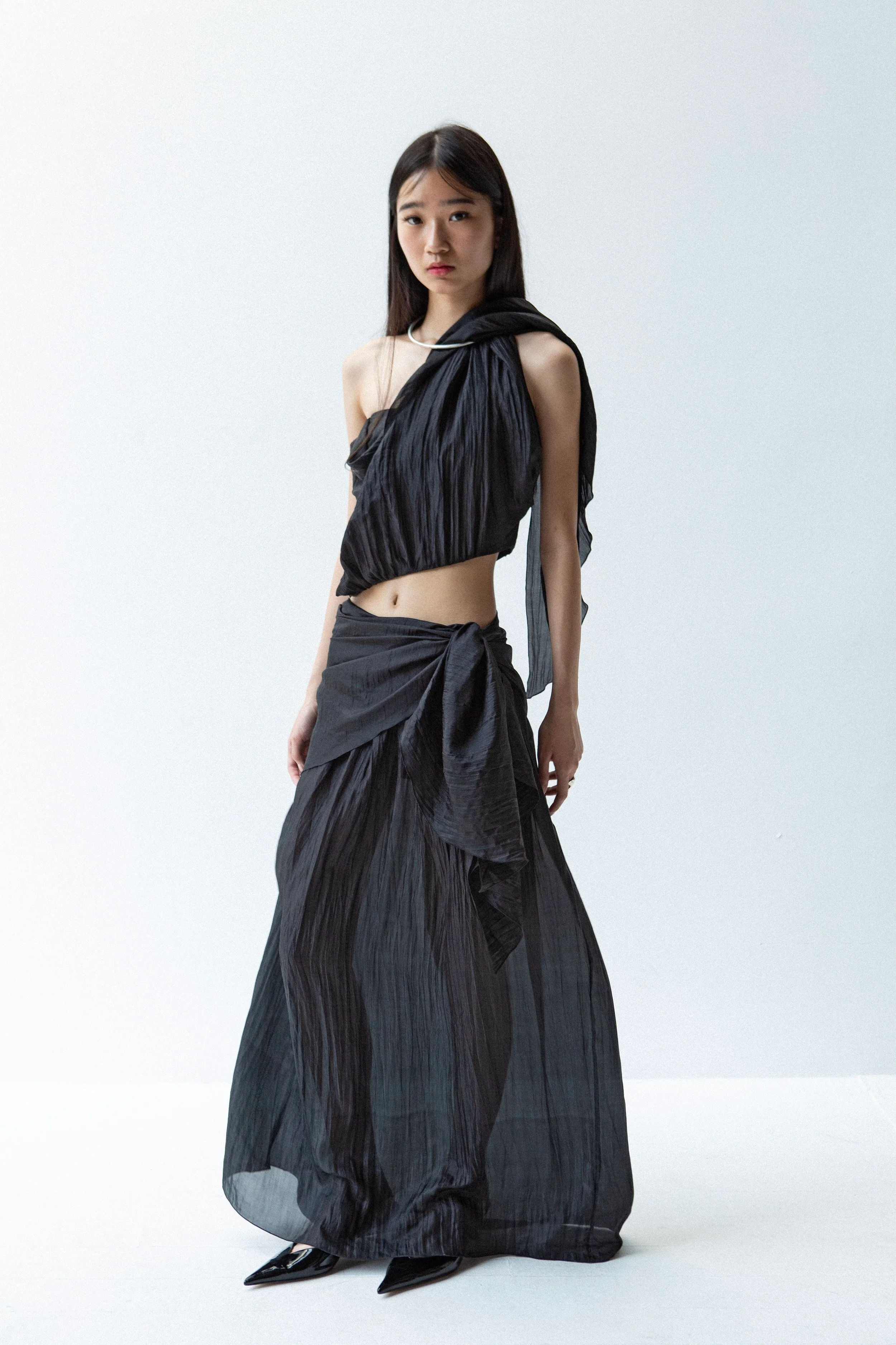 K M by L A N G E Pure Silk Wrapped Long Skirt - Black - Image 8