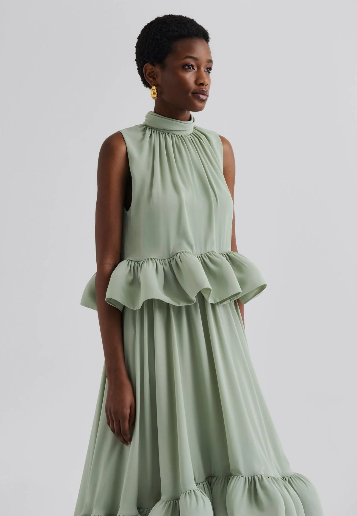 Malina Lune Halterneck Frilled Hem Blouse - Sage