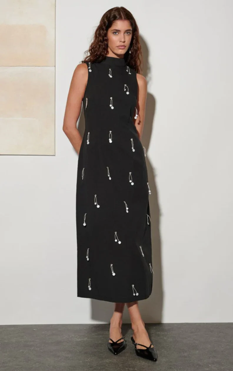 Ghospell Augusta Embellished Midi Dress - Coal Black